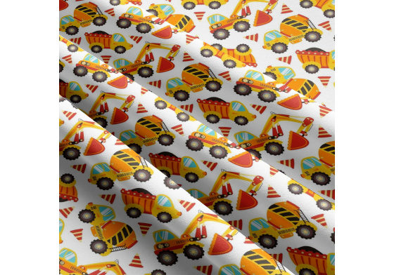 Dětská bavlněná látka metráž Stavební stroje Žluté na Bílém