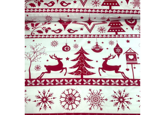 Vánoční bavlněná látka, metráž, šíře 160 cm, Skandinávský motiv Červený na Bílem