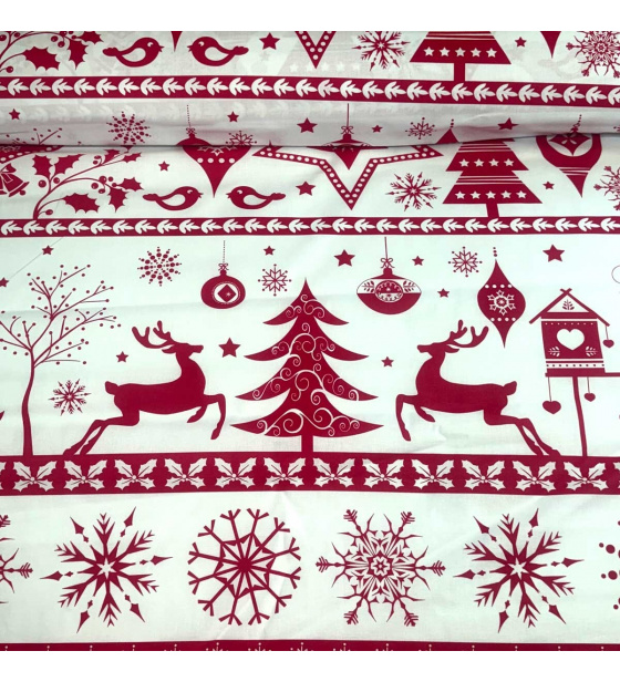 Vánoční bavlněná látka, metráž, šíře 160 cm, Skandinávský motiv Červený na Bílem