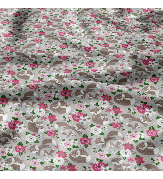 Bavlněná látka Kytičky Růžové a lišky na Šedém