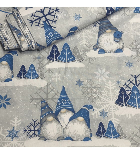 Vánoční bavlněná látka, metráž, šíře 160 cm, Skřítci Modré na Šedém