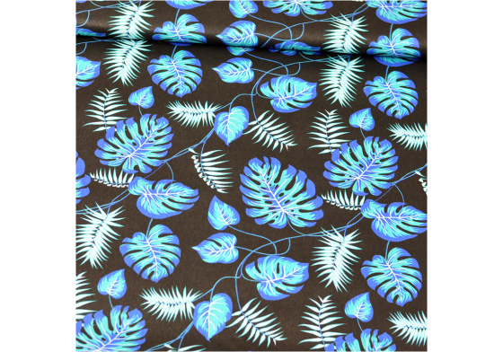 Dekorační dětská bavlněná látka vzor Palma modrá na černém