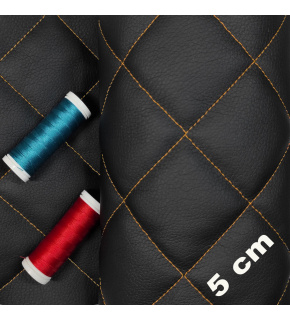 Ekokůže prošívaná 5×5 cm, černá, pomerančové nitě, metráž, šíře 145 cm