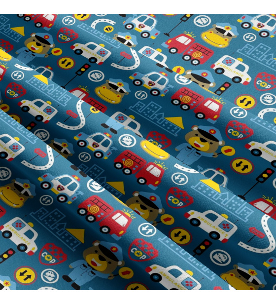 Dětská bavlněná látka metráž Auta SOS na Modrém