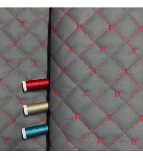 Ekokůže MIX 3x3 cm barva šedá prošívaná červenými nitěmi, metráž, 145 cm