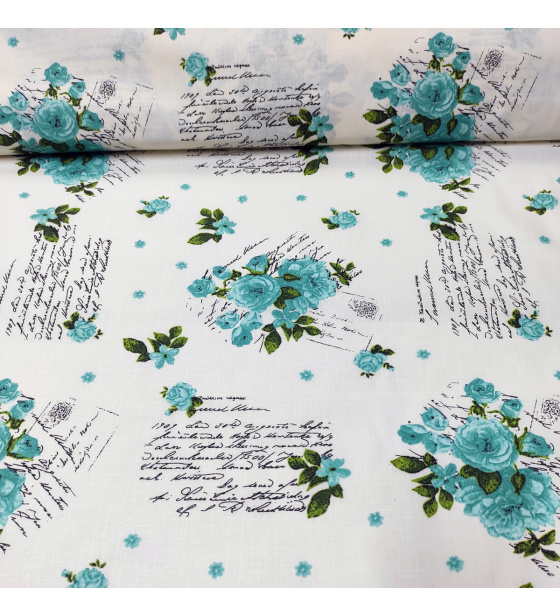 Dekorační dětská bavlněná látka vzor kytičky Tyrkys