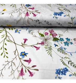 Bavlněná látka 100% bavlny, 125 g/m², šíře 160 cm, květiny modré a růžové na bílém