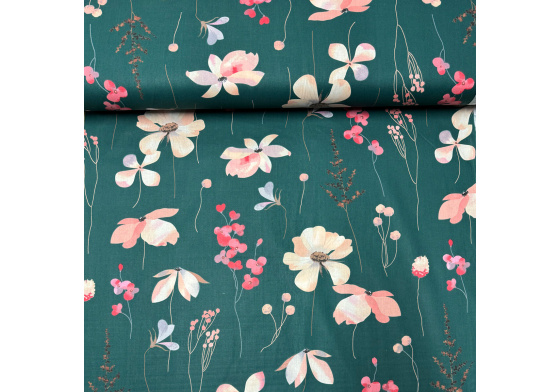 Bavlněné látky vzor Květiny na Zeleném