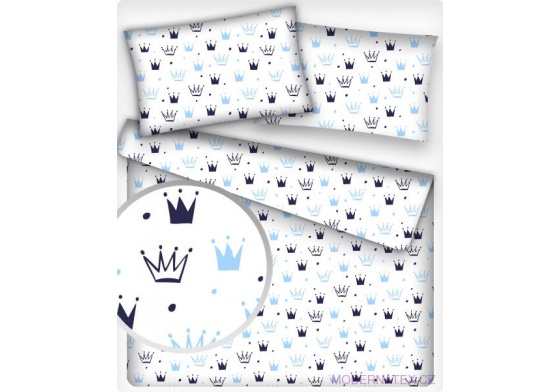 Dětská dekorační bavlněná látka vzor korunky modré na bílém