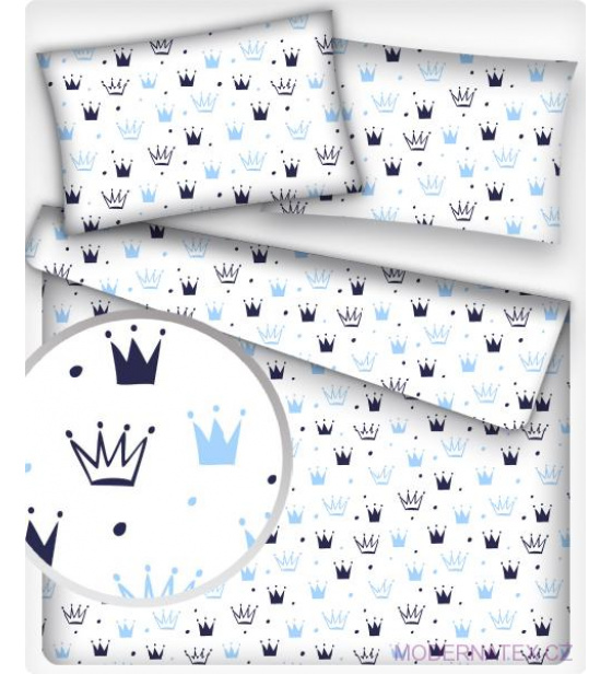 Dětská dekorační bavlněná látka vzor korunky modré na bílém