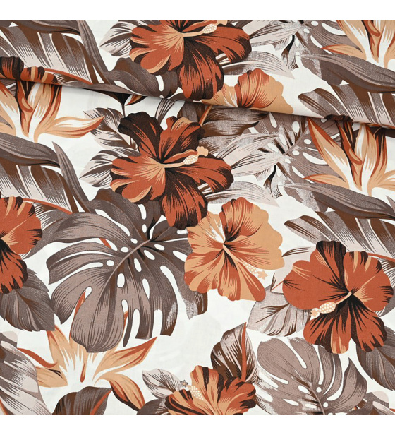 Dekorační bavlněná látka vzor Monstera hnědá na bílém