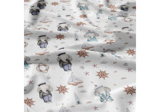Dětská bavlněná látka metráž Sloni a kormídlo na Bílém