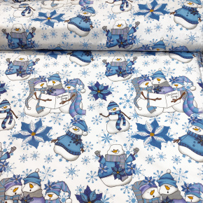Vánoční bavlněná dekorační látka, vzor Sněhulák Modrý na bílém, metráž 160 cm