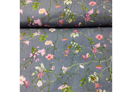 Dekorační dětská bavlněná látka vzor kytičky Pole na tm. Šedém