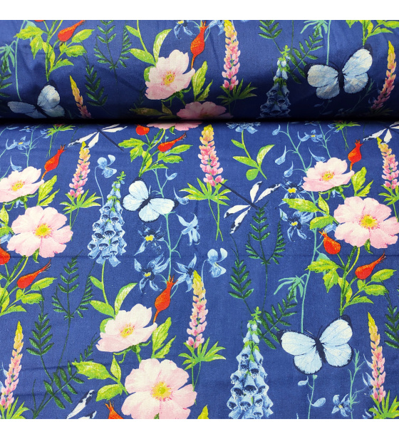 Dekorační dětská bavlněná látka vzor Pole na modrém