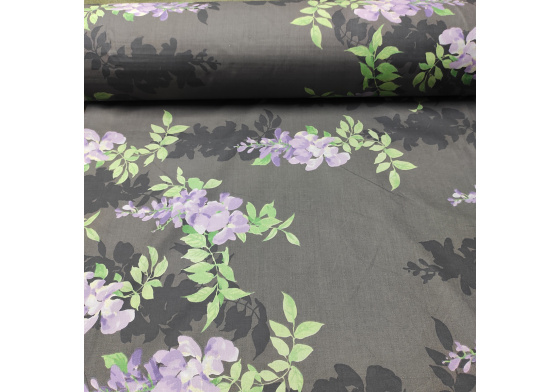 Dekorační dětská bavlněná látka vzor Větve šeříká bílé na grafitovém