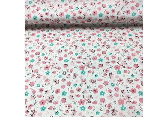 Dekorační dětská bavlněná látka vzor kytičky růžové na bílém