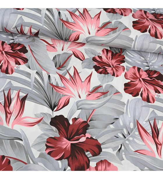 Dekorační bavlněná látka vzor Monstera šedá na bílém