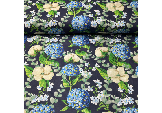 Bavlněná látka Chryzantémy na granátovém