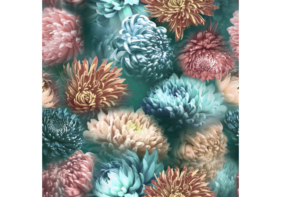 Velurové potahové látky s potiskem, Chryzantémy na Mentolovém