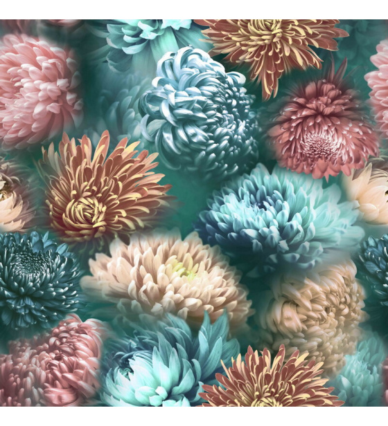 Velurové potahové látky s potiskem, Chryzantémy na Mentolovém