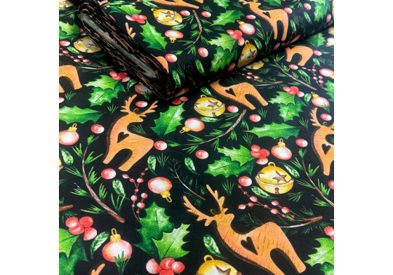 Vánoční bavlněná látka, metráž, šíře 160 cm, Vánoční motiv na Černém