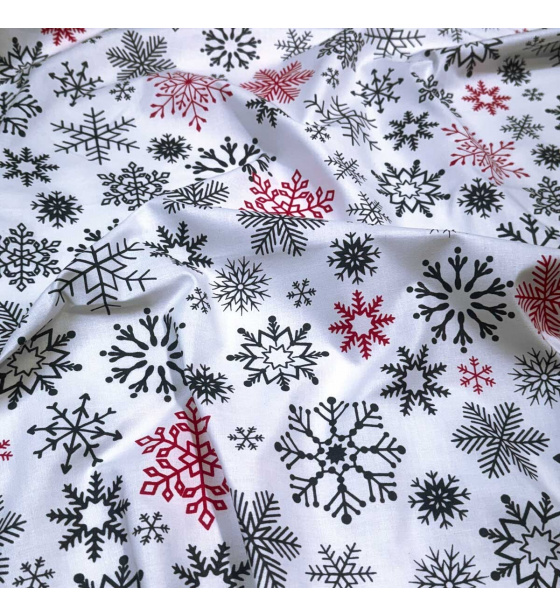 Christmas cotton fabric, by the meter, width 160 cm, Black and Red Snowflakes on White