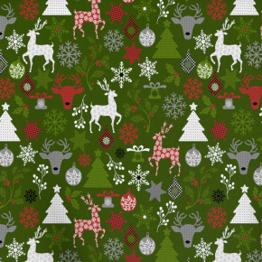 Vánoční bavlněná dekorační látka, metráž 160 cm, vzor MIX zelený