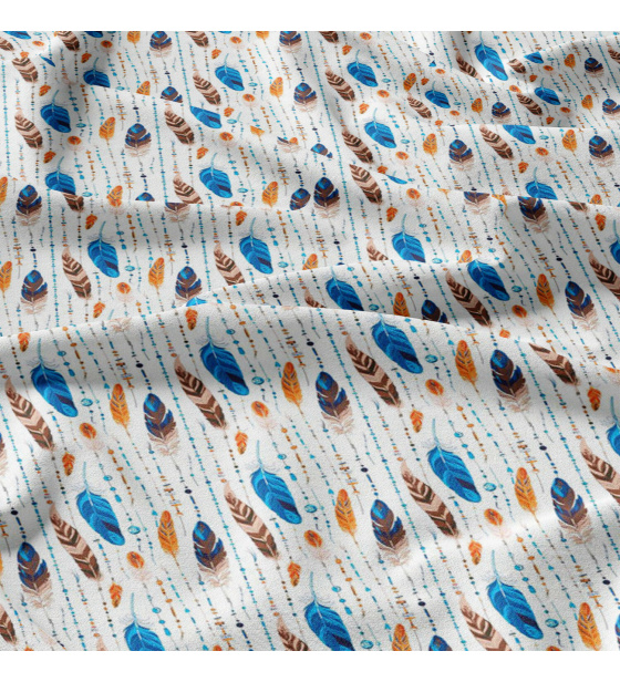 Dekorační bavlněná látka, metráž, Pírka Tyrkysová a Žlutá