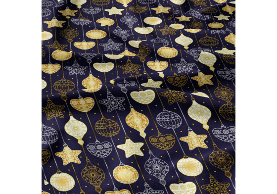 Vánoční bavlněná látka, metráž, šíře 160 cm, Vánoční ozdoby Žluté na Granátovém