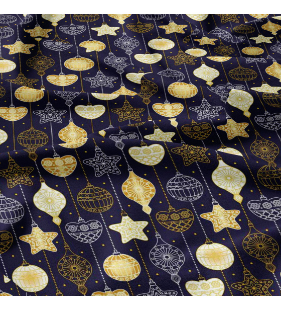 Vánoční bavlněná látka, metráž, šíře 160 cm, Vánoční ozdoby Žluté na modrém