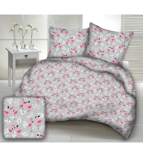 Bavlněné látky vzor Plameňák baby na šedém