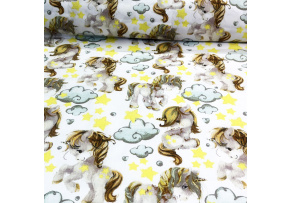 Bavlněná látka, metráž. Jednorožec Šedý na Bílém