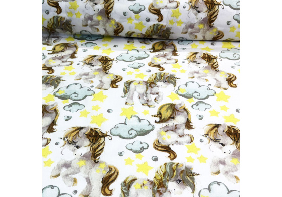 Bavlněná látka, metráž. Jednorožec Šedý na Bílém