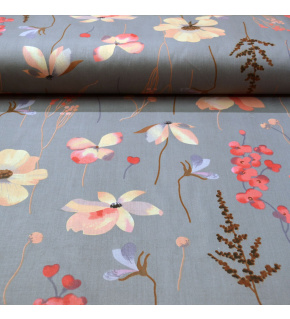 Bavlněná látka 100% bavlny, 125 g/m², šíře 160 cm, kytičky žluté na šedém