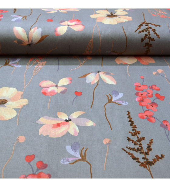 Bavlněná látka 100% bavlny, 125 g/m², šíře 160 cm, kytičky žluté na šedém