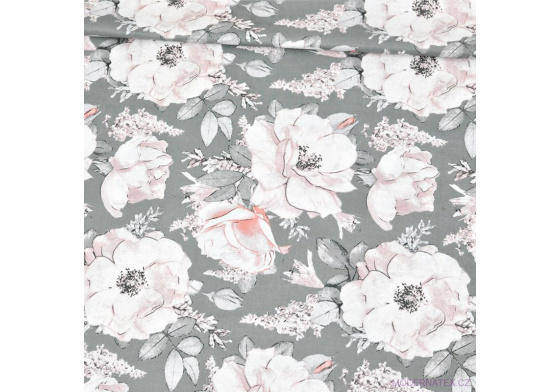 Dekorační dětská bavlněná látka vzor kytičky Pivonka na šedém