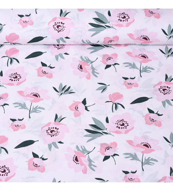 Dekorační dětská bavlněná látka vzor Divoký mák šedé  na bílém