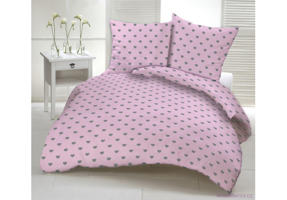 Dekorační bavlněná látka metráž vzor Srdíčka, barva šedá na růžovém