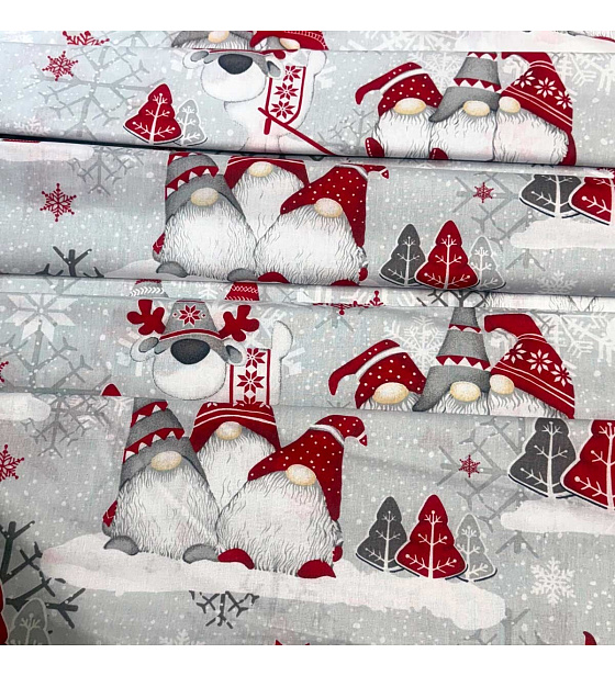 Christmas cotton fabric, by the meter, width 160 cm, Red and Gray Gnomes on Gray