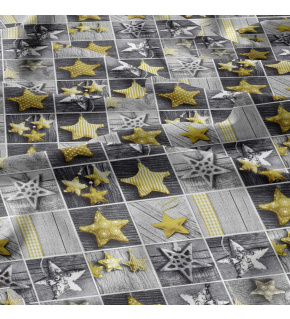 Vánoční bavlněná látka, metráž, šíře 160 cm, Vánoční ozdoby hvězdy Žluté na Šedém