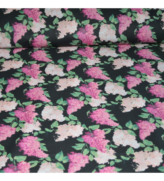 Dekorační dětská bavlněná látka vzor Větve šeříká růžové na černém