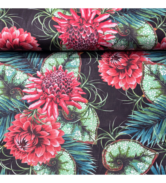 Bavlněná látka Chryzantémy na černém