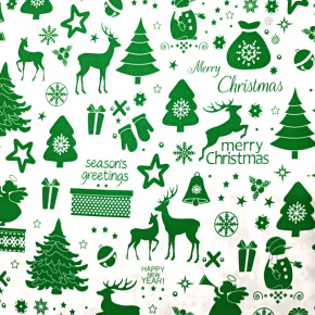 Vánoční bavlněná dekorační látka, metráž 160 cm, vzor zelený na bílém