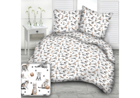 Bavlněné látky vzor Kočky a klubko na bílém