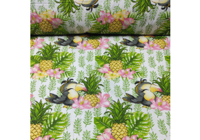 Bavlněná látka, metráž. Papoušek a ananas na Bílém