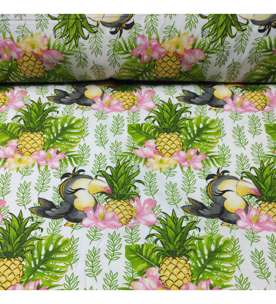 Dekorační dětská bavlněná látka vzor Papoušek a ananas na bílém