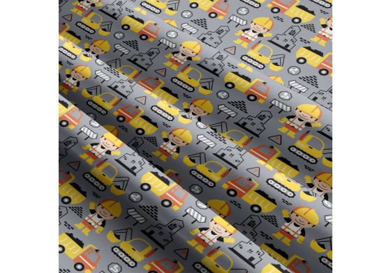 Dětská bavlněná látka metráž Stavební stroje Šedo-Žluté na Bílém