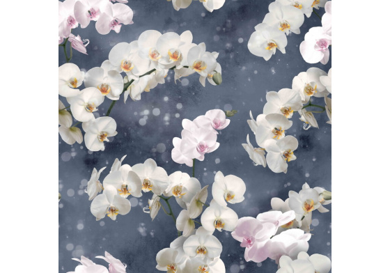 Velurová potahová látka s potiskem, Orchideje Bílé na Šedém