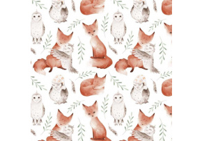 Bavlněné látky, metráž. Veverka a Sova na Bílém